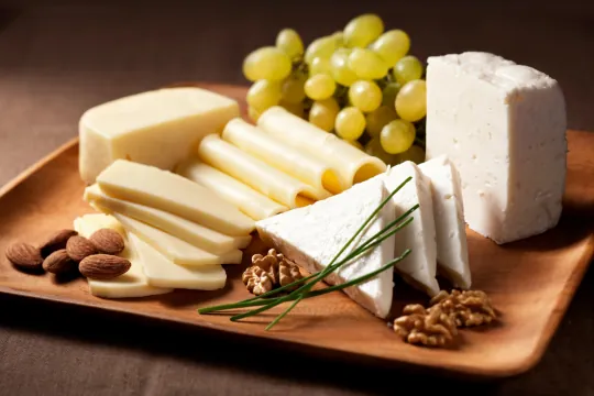 Tabla de quesos con uvas y frutos secos