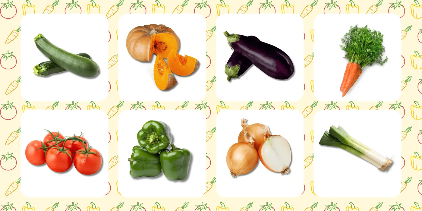 Calabacín, calabaza, berenjena, zanahoria, tomate, pimiento, cebolla y puerro